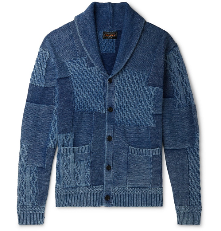 Photo: Beams Plus - Patchwork Shawl-Collar Cotton Cardigan - Blue