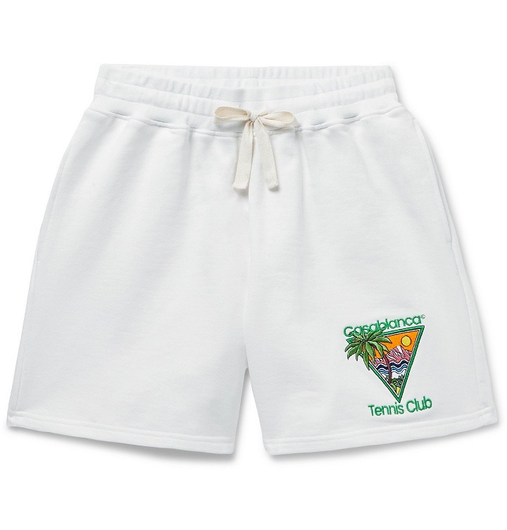 Photo: Casablanca - Embroidered Organic Loopback Cotton-Jersey Drawstring Shorts - White