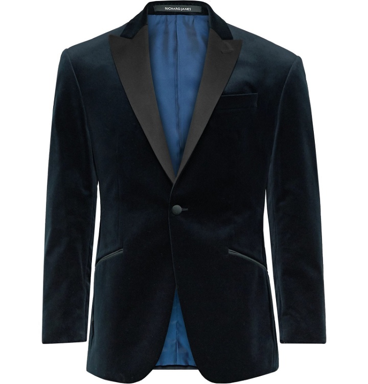 Photo: Richard James - Navy Slim-Fit Satin-Trimmed Cotton-Velvet Tuxedo Jacket - Blue