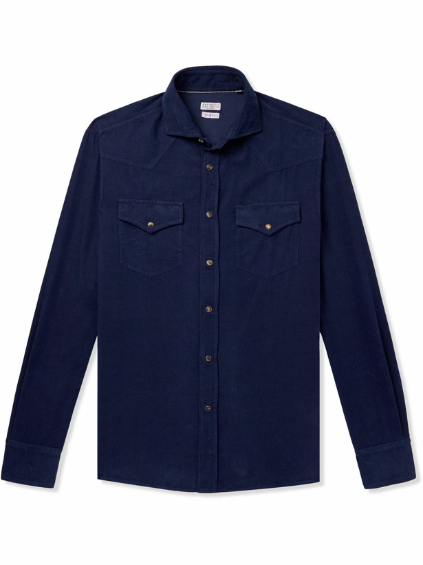 Photo: Brunello Cucinelli - Cutaway-Collar Cotton-Corduroy Western Shirt - Blue