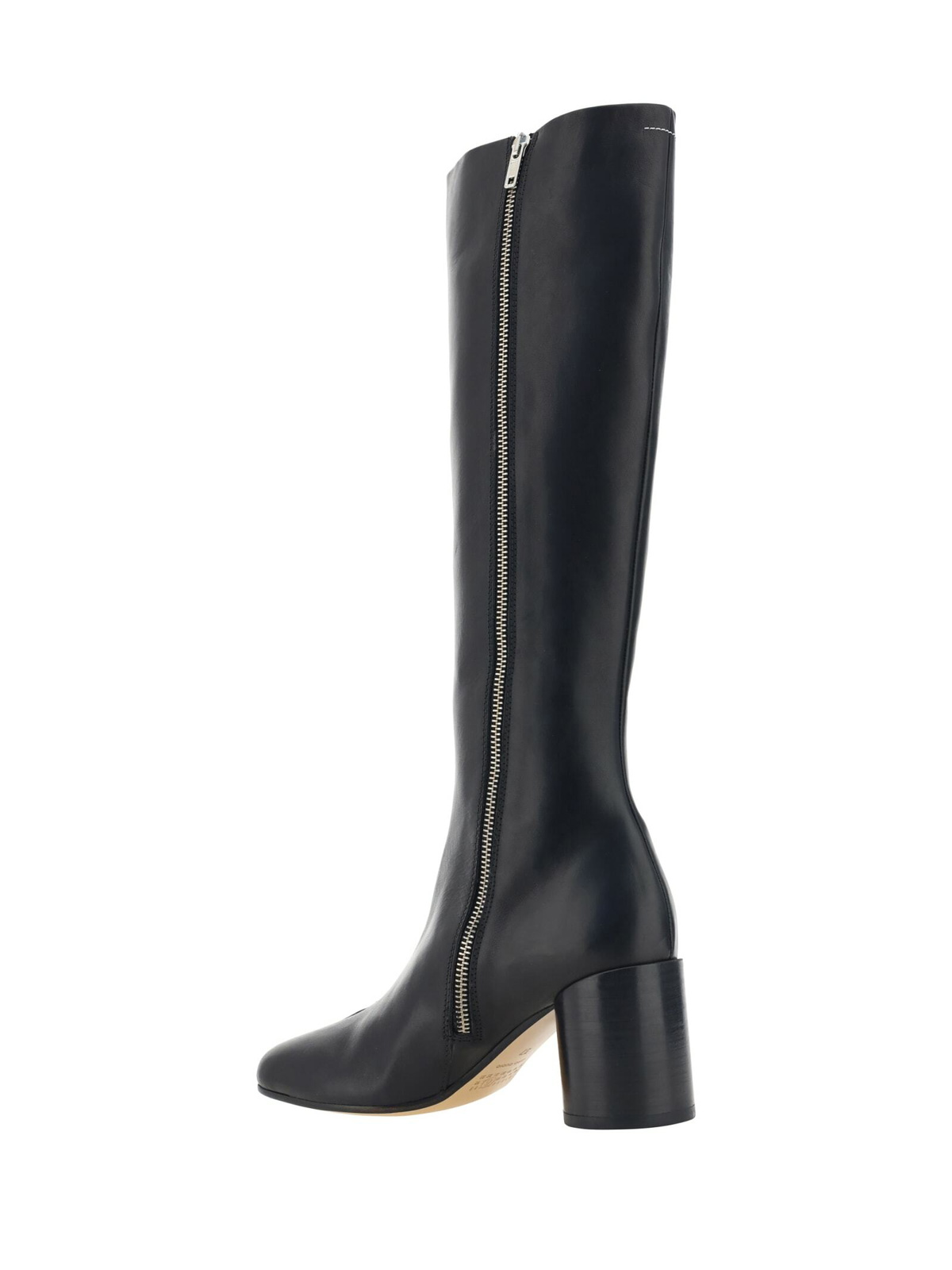 MM6 Maison Margiela Knee-high Black Leather Boots With Anatomic Toe And Upper Stitching