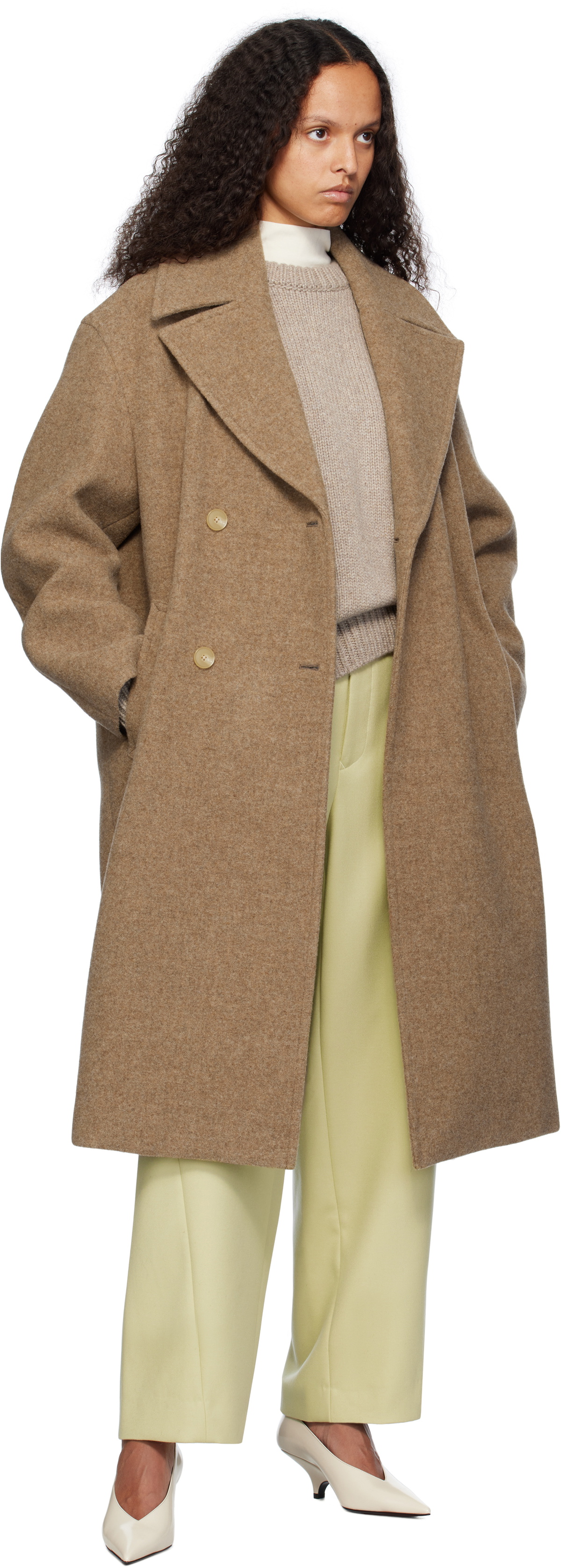 AURALEE Brown Sponge Wool Melton Double-Breasted Coat Auralee