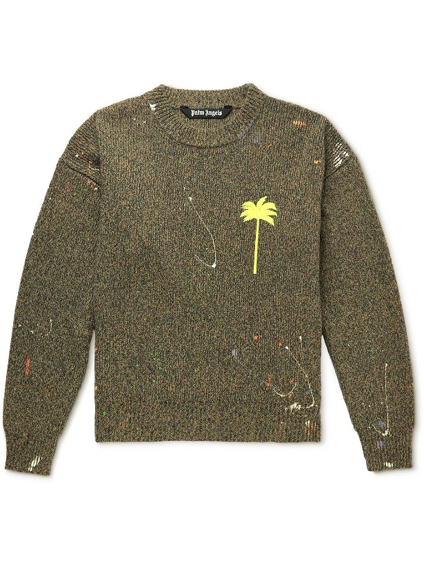 Photo: Palm Angels - Logo-Print Paint-Splattered Cashmere and Wool-Blend Sweater - Green