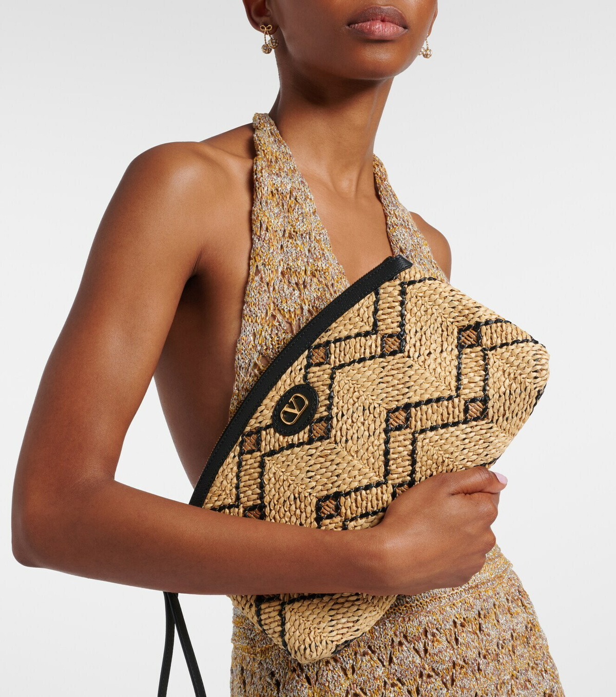 Valentino Garavani VLogo Small leather-trimmed raffia pouch