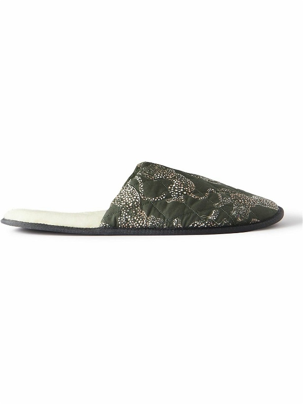 Photo: Desmond & Dempsey - Wool Fleee Lines Quilted Printed Cotton Slippers - Green
