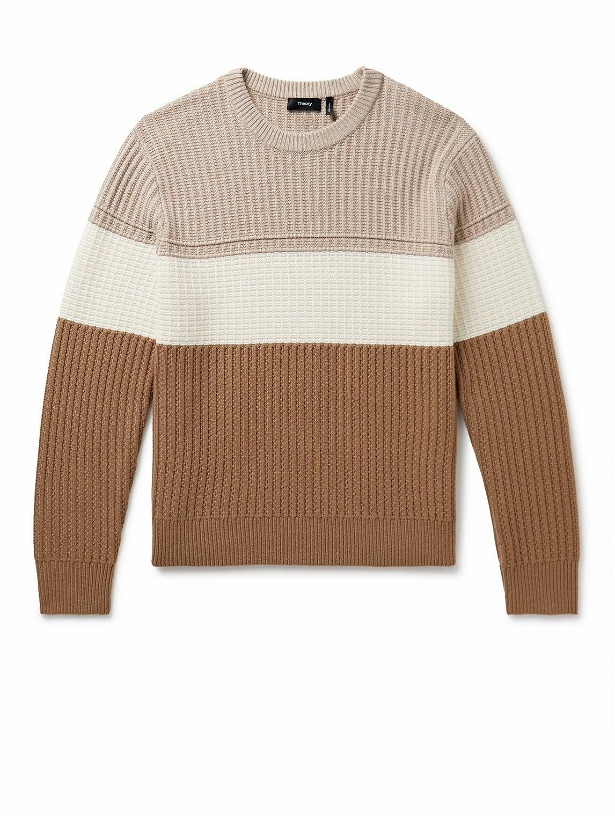 Photo: Theory - Lamar Striped Ribbed Wool-Blend Sweater - Brown