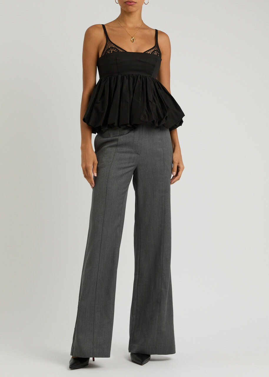Clea Hunter Embroidered Flared-leg Wool Trousers Grey