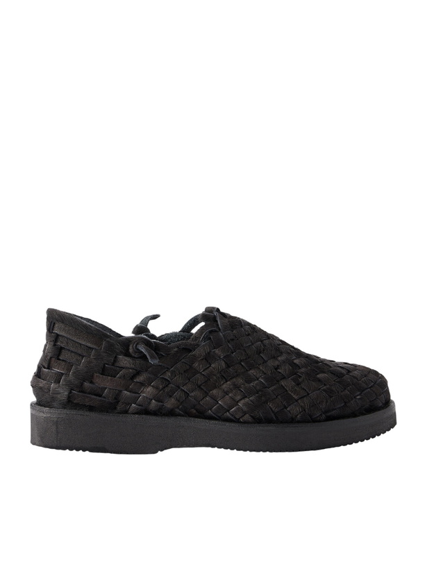 Photo: Yuketen - Woven Calf Hair Huarache Sandals - Black
