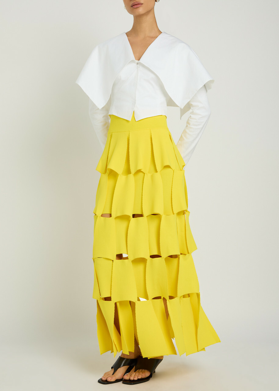 A.W.A.K.E Mode Panelled Trapeze Knit Midi Skirt Yellow