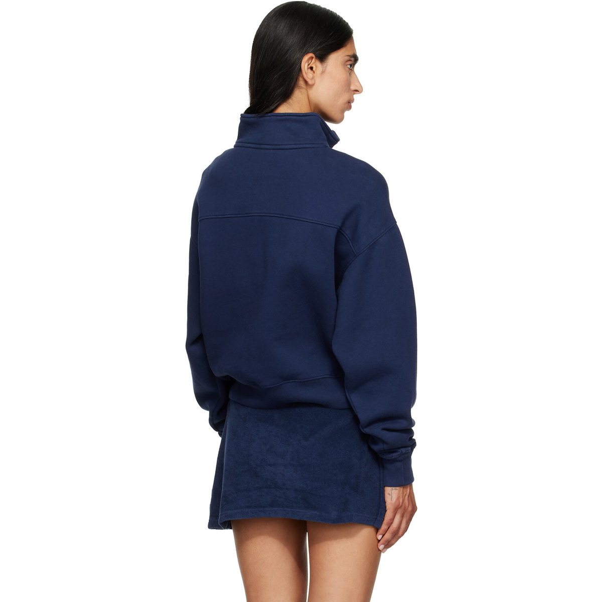 Sporty & Rich Navy NY Crest Embroidered Quarter Zip Sweatshirt