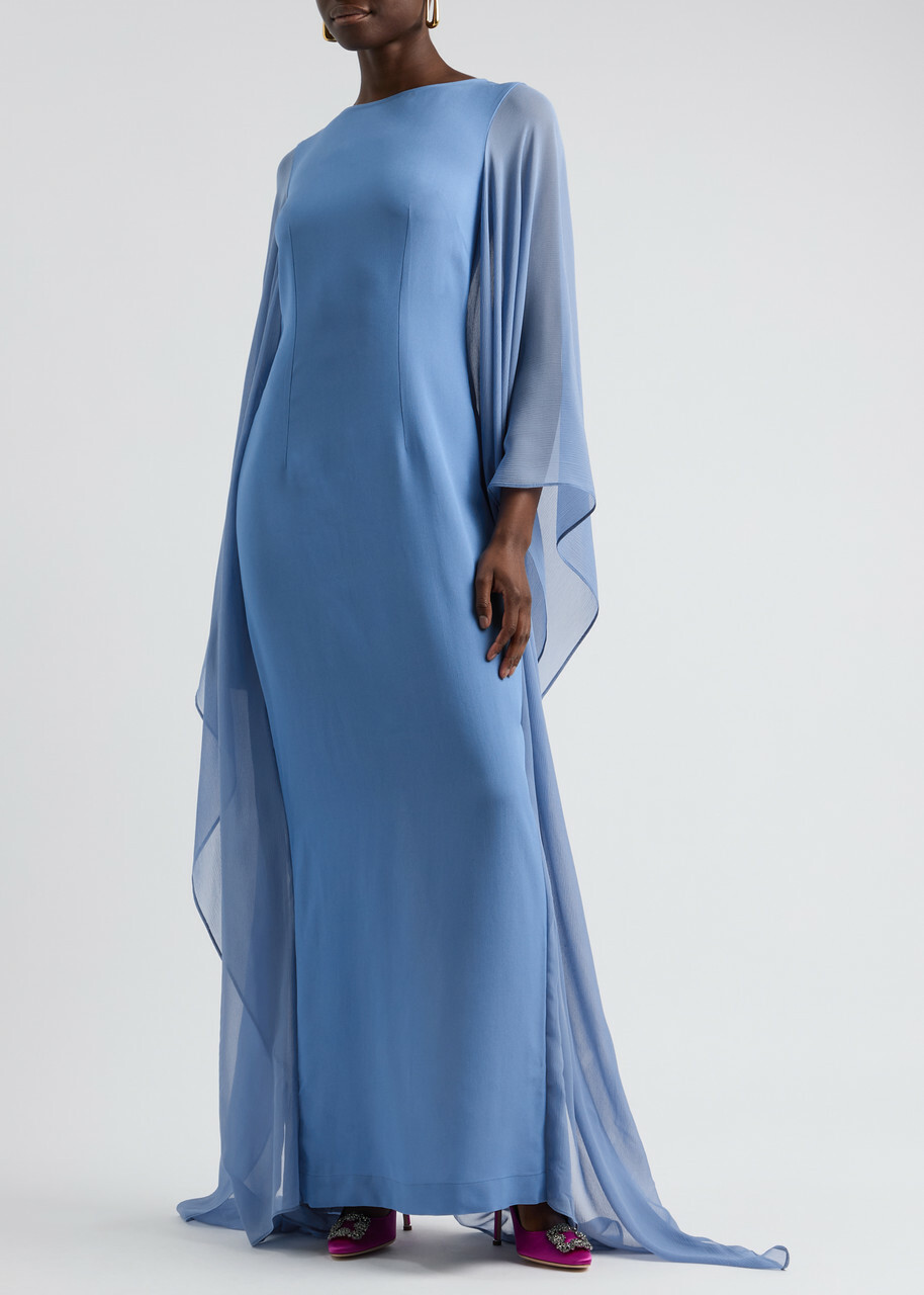 blue crepe de chine dress Fit & Flare Printed Crepe de Chine Ruffle Maxi Dress