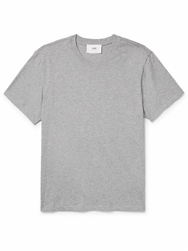 Photo: AMI PARIS - Logo-Embroidered Cotton-Jersey T-Shirt - Gray