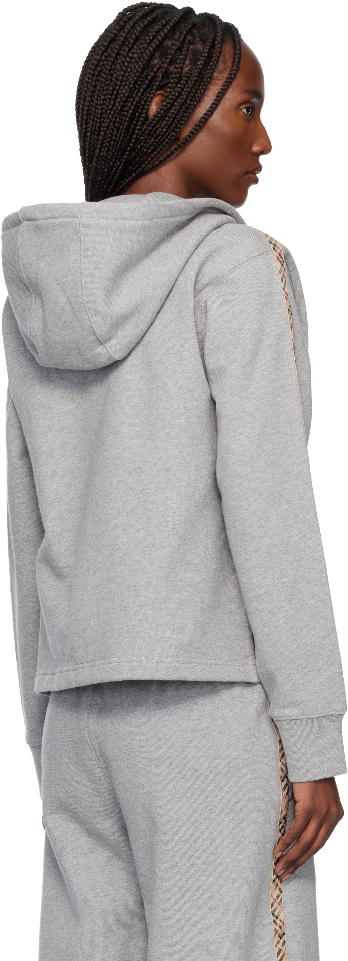 Burberry Gray Check Trim Cotton Zip Hoodie