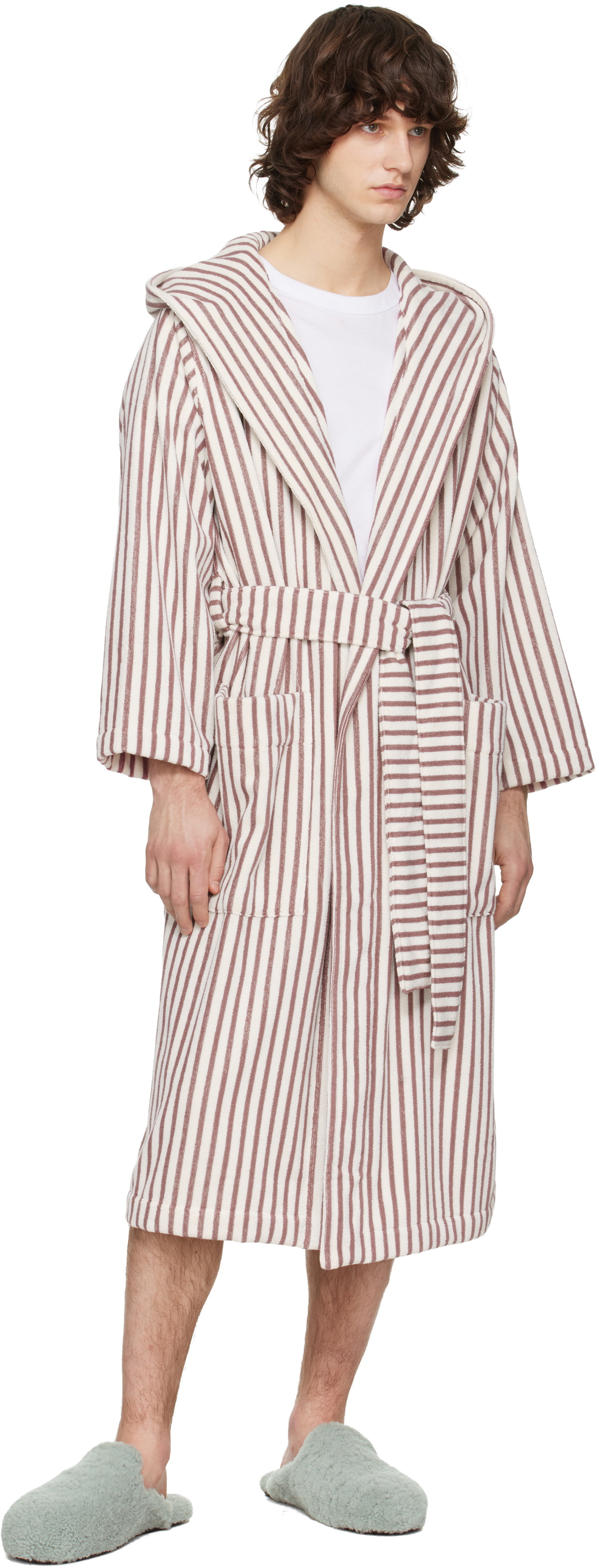 Tekla Off-White & Burgundy Terry Hooded Bathrobe