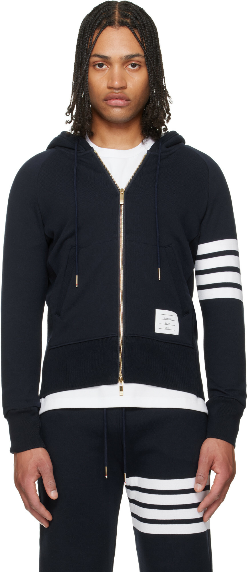 Thom Browne Navy Classic Loopback 4-Bar Zip-Up Hoodie