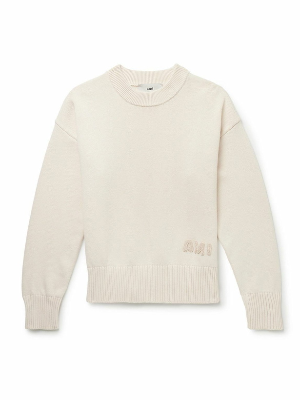 Photo: AMI PARIS - Logo-Appliquéd Organic Cotton and Wool-Blend Sweater - Neutrals