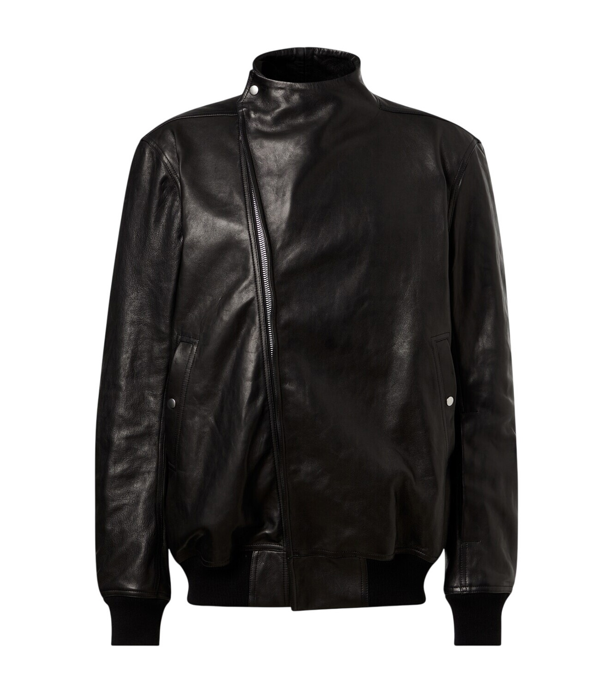 Rick Owens Black Leather Intarsia High Neck Jacket Rick Owens