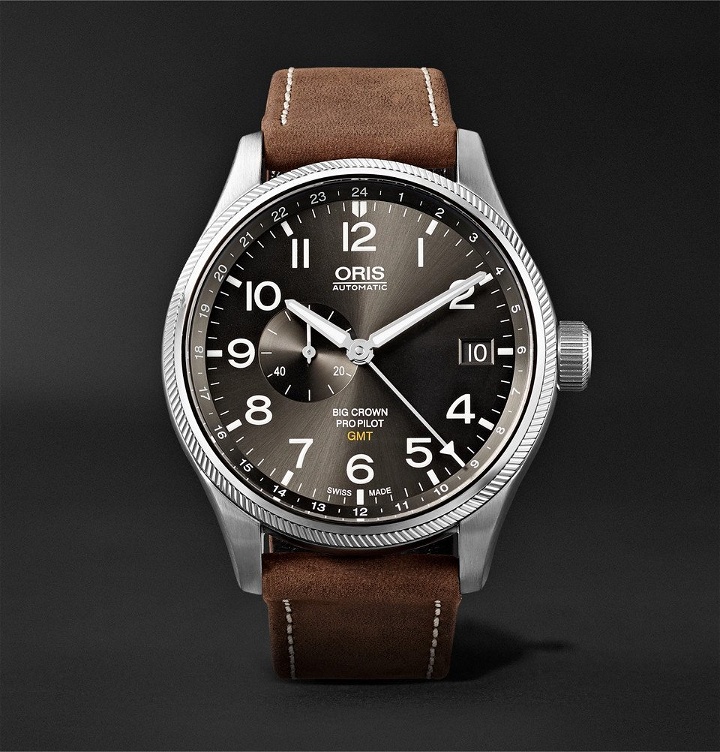 Photo: Oris - Big Crown ProPilot GMT Automatic 45mm Stainless Steel and Suede Watch - Men - Dark brown
