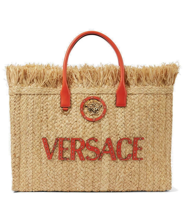 Photo: Versace La Medusa leather-trimmed straw tote bag