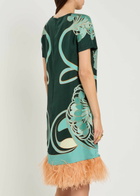 LA Double J Swing Feather-embellished Silk Midi Dress Blue