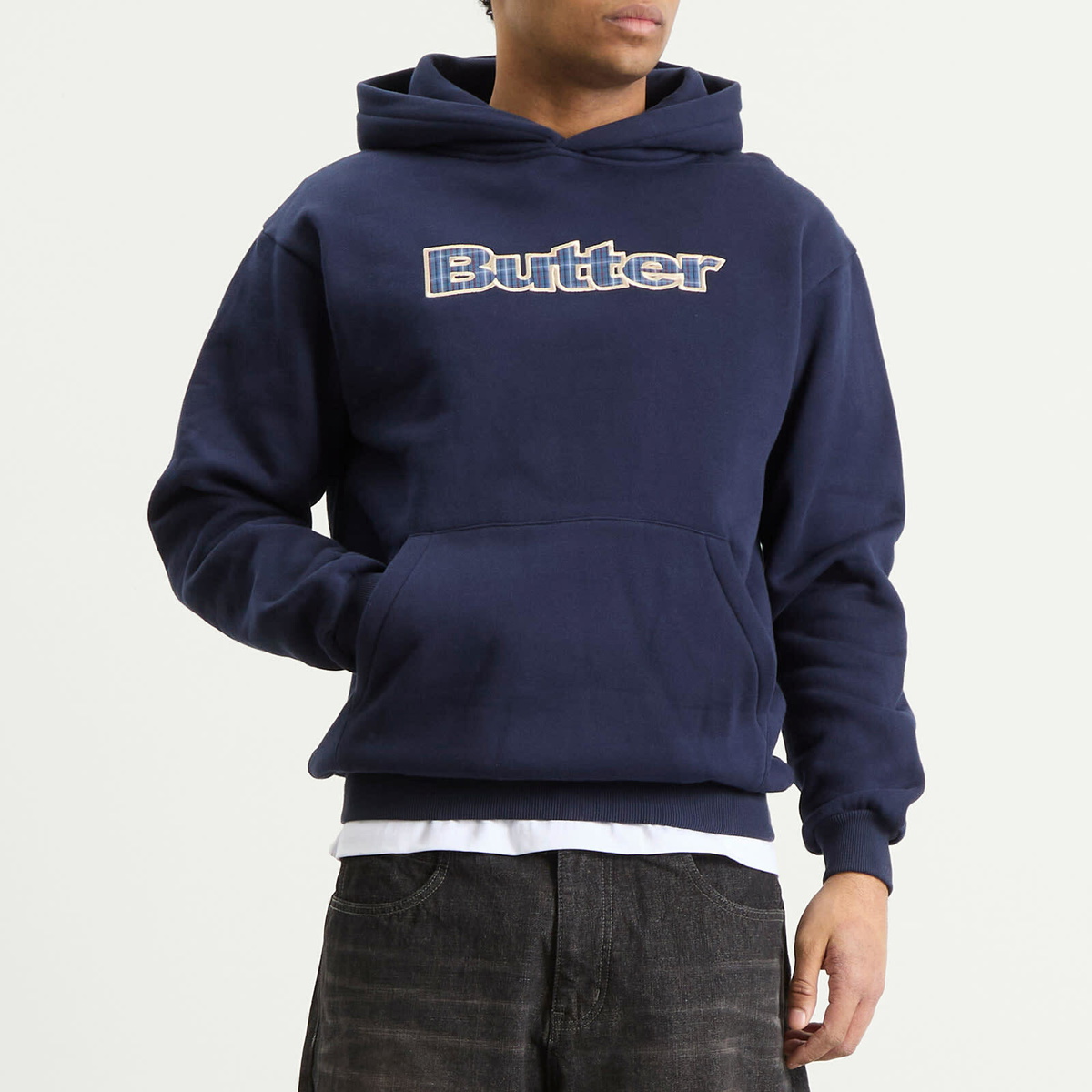 Butter Goods Men's Plaid Logo Applique Hoodie in Navy