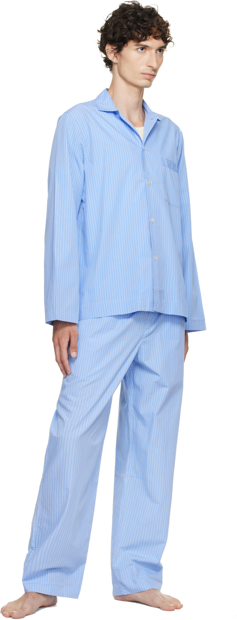 Tekla Blue Poplin Long-Sleeved Pyjama Shirt