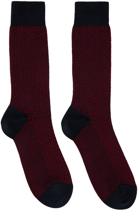 Photo: Ferragamo Navy & Red Gancini Socks