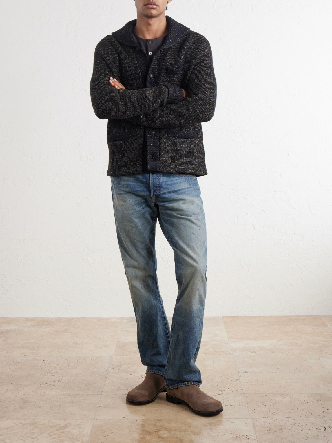 RRL - Shawl-Collar Mélange Wool, Cotton and Silk-Blend Cardigan - Blue