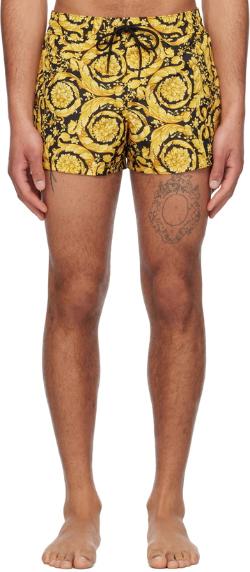 Photo: Versace Underwear Yellow & Black Barocco Swim Shorts