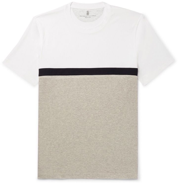 Photo: Brunello Cucinelli - Panelled Striped Cotton-Jersey T-Shirt - White
