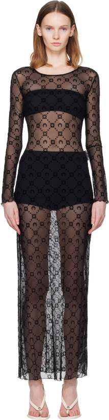 Photo: Marine Serre Black Moonogram Mesh Flock LS Crewneck Maxi Dress