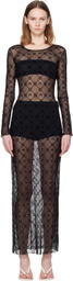 Marine Serre Black Moonogram Mesh Flock LS Crewneck Maxi Dress