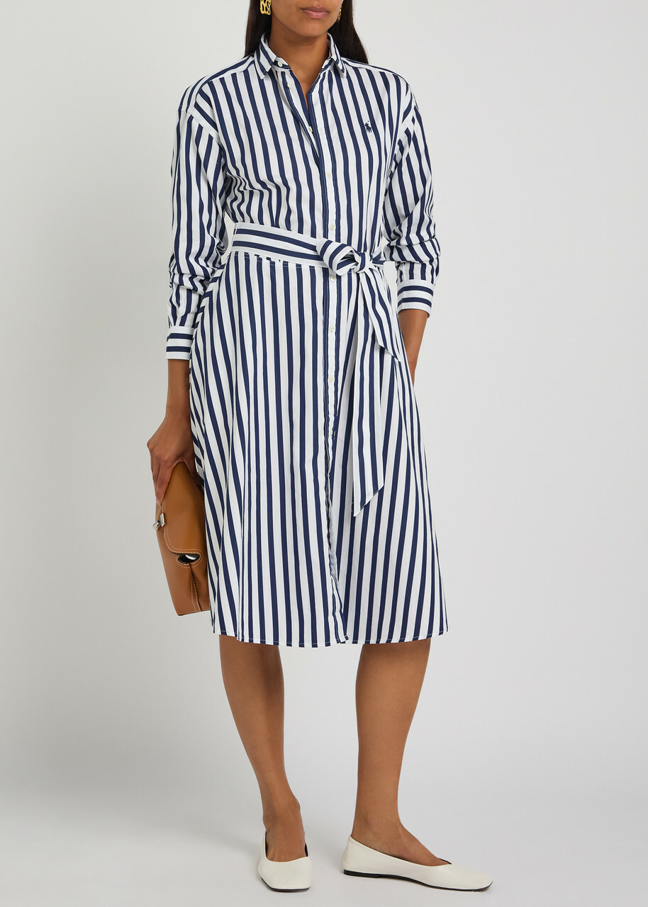 Polo Ralph Lauren Logo-embroidered Striped Cotton-poplin Midi Shirt Dress Blue