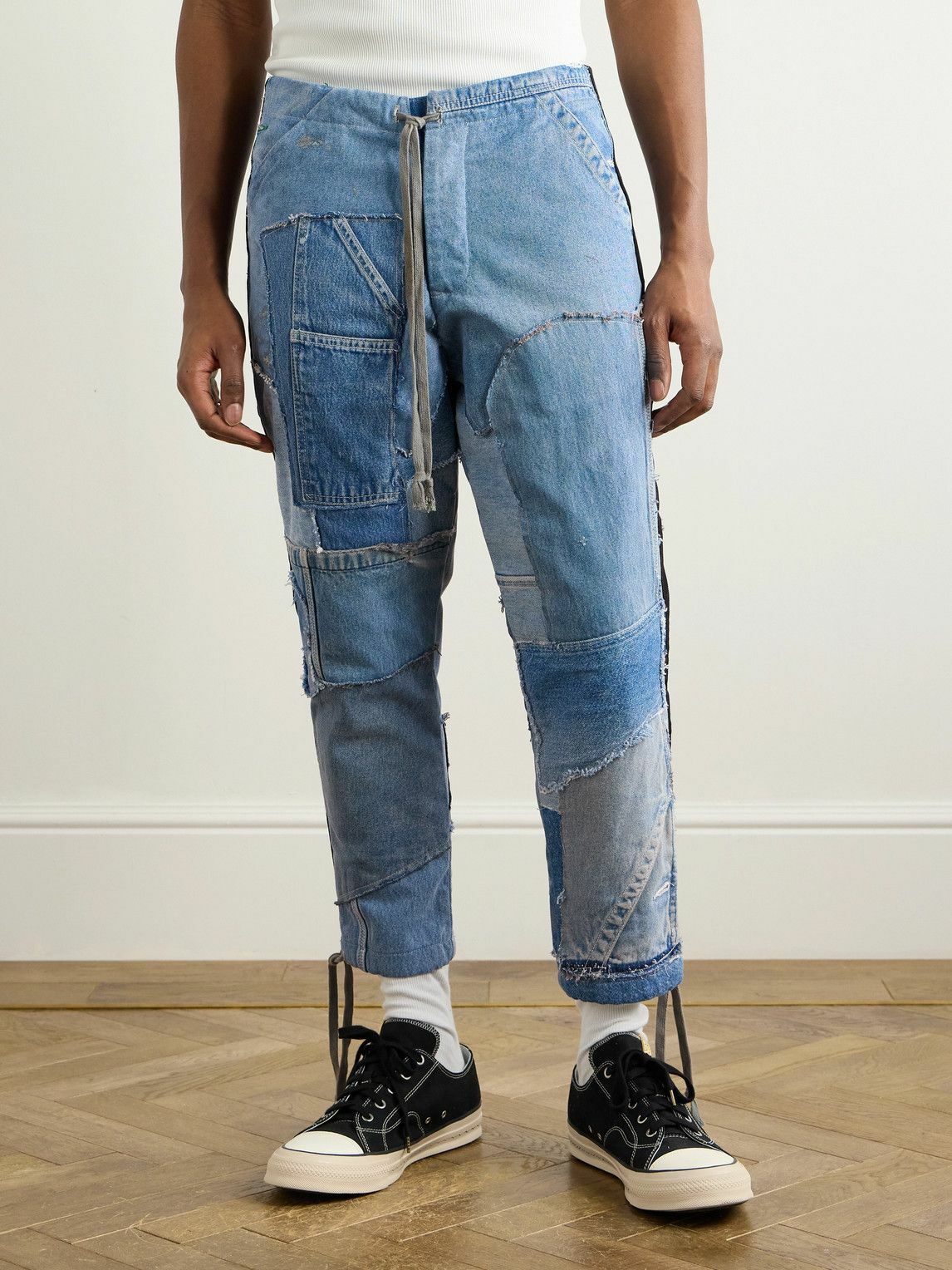 Greg Lauren - Tapered Cropped Frayed Patchwork Drawstring Jeans - Blue