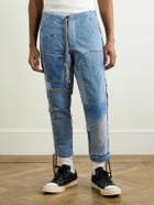 Greg Lauren - Tapered Cropped Frayed Patchwork Drawstring Jeans - Blue
