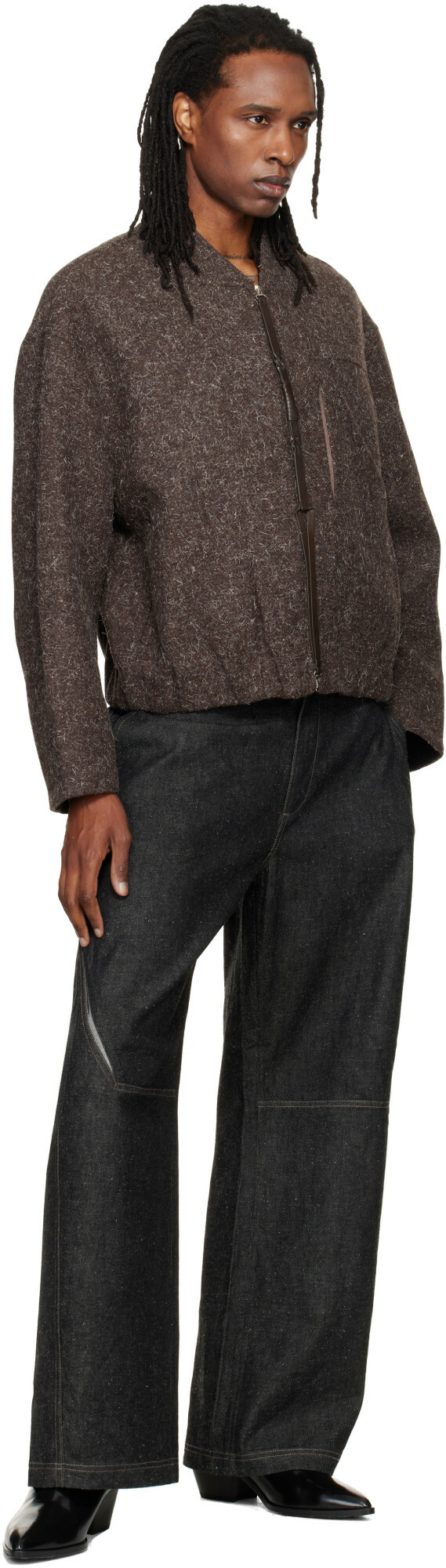 NULLUS Brown Wool Strapped Zipper Blouson Jacket