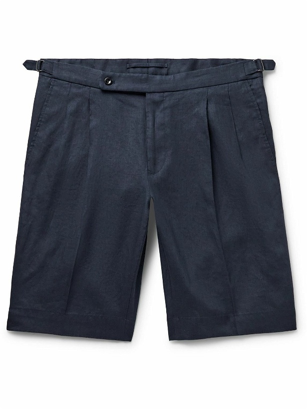 Photo: Incotex - Straight-Leg Pleated Linen Bermuda Shorts - Blue