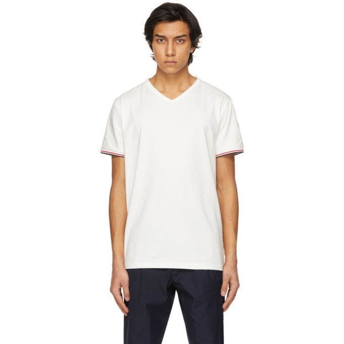 Photo: Moncler White Striped Cuffs V-Neck T-Shirt