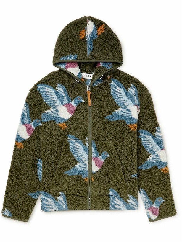 Photo: JW Anderson - Leather-Trimmed Jacquard-Knit Fleece Zip-Up Hoodie - Green