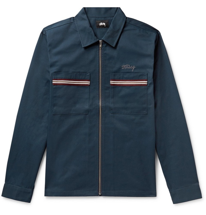 Photo: Stüssy - Stripe-Trimmed Logo-Embroidered Twill Shirt - Navy