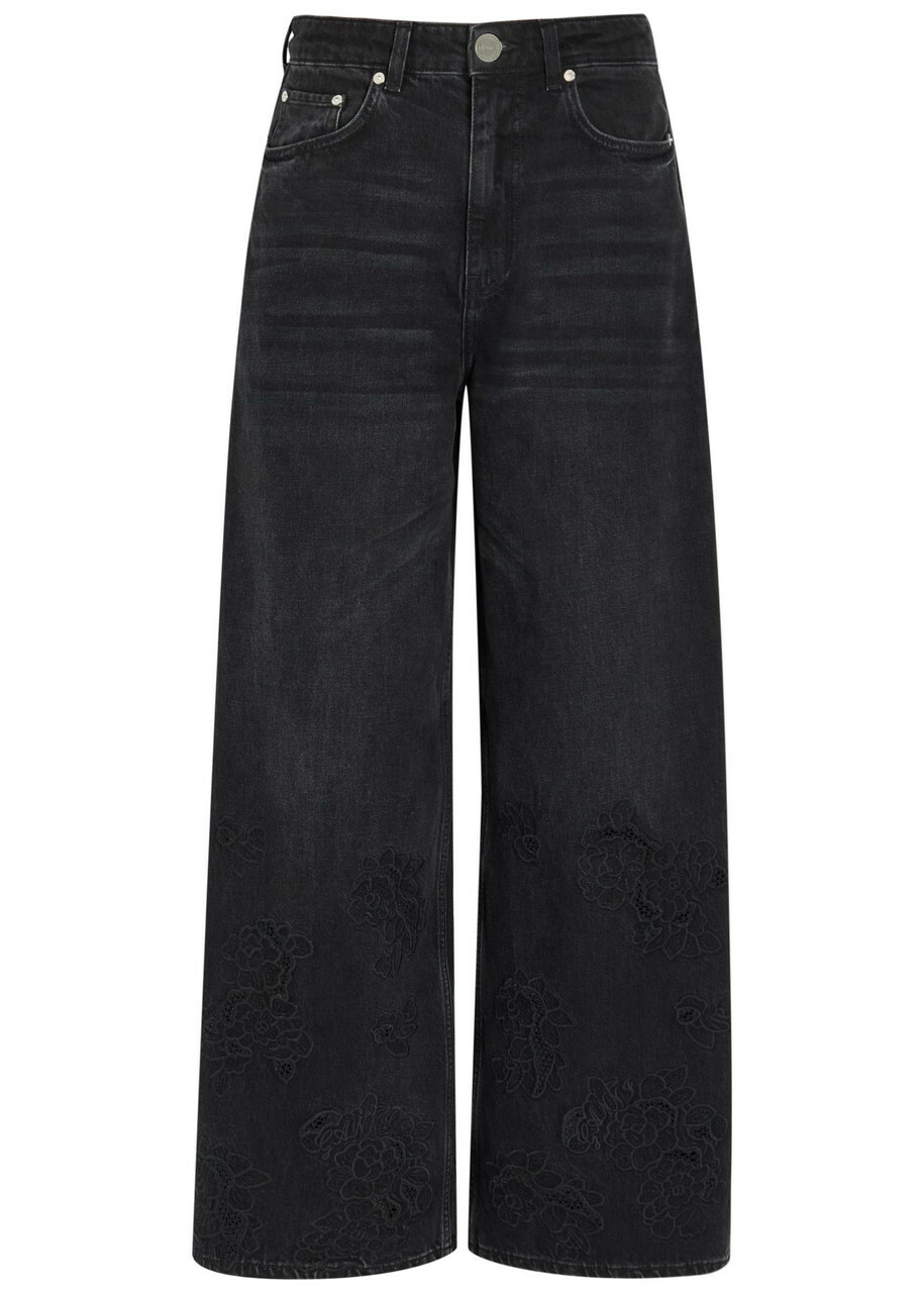 Ganni Lari Floral-embroidered Wide-leg Jeans Black