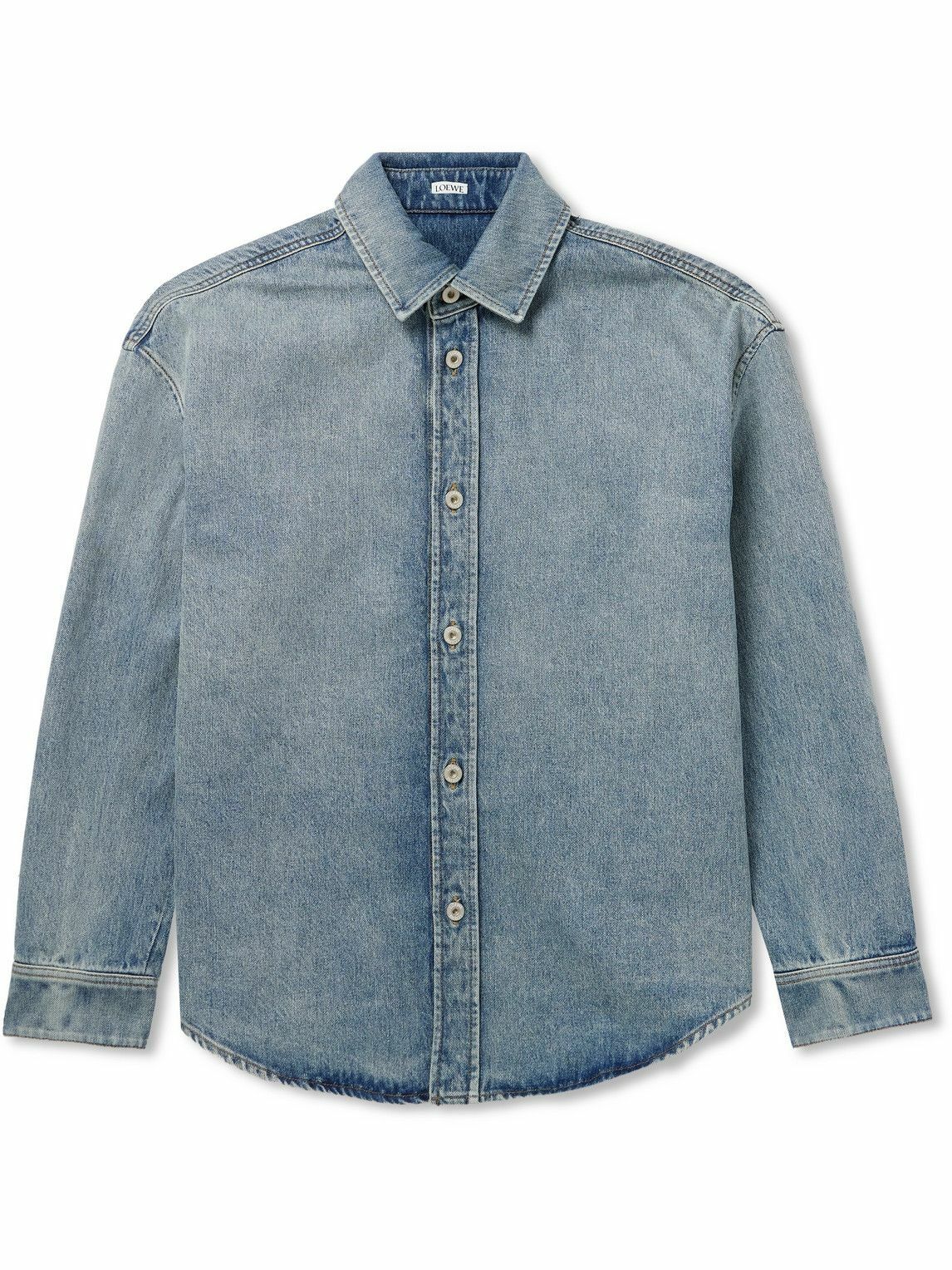 LOEWE - Logo-Embroidered Distressed Denim Overshirt - Blue