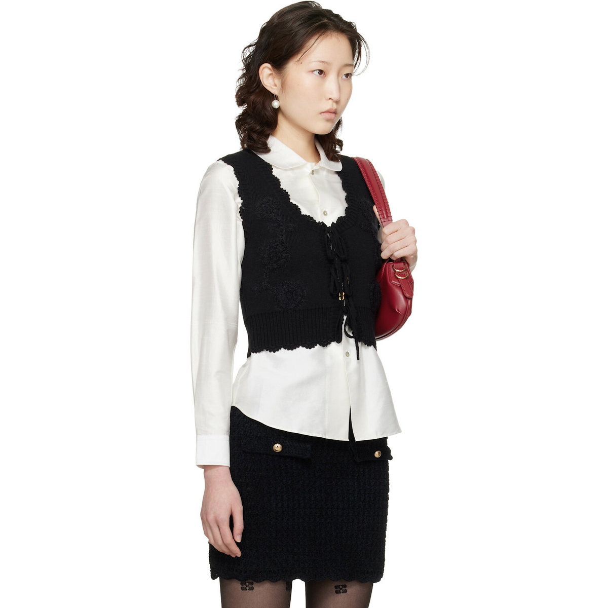GANNI Black Cotton Cashmere Crochet Applique Vest