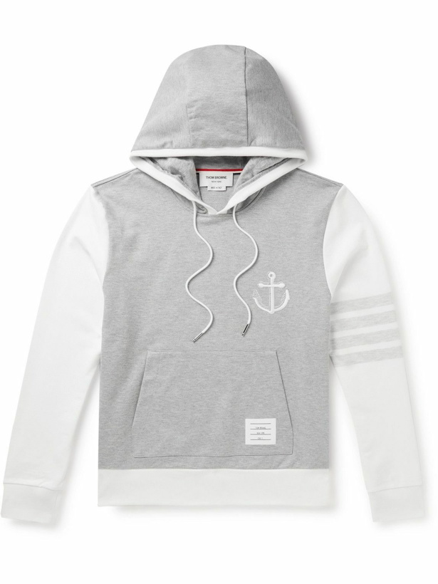 Photo: Thom Browne - Appliquéd Embroidered Striped Cotton-Jersey Hoodie - Gray