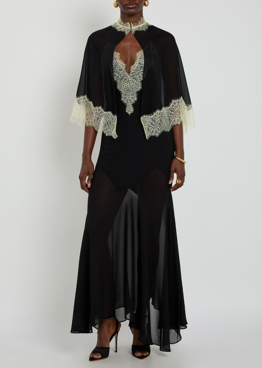 DE LA Vali Cielo Lace-trimmed Chiffon Cape and Maxi Dress Black