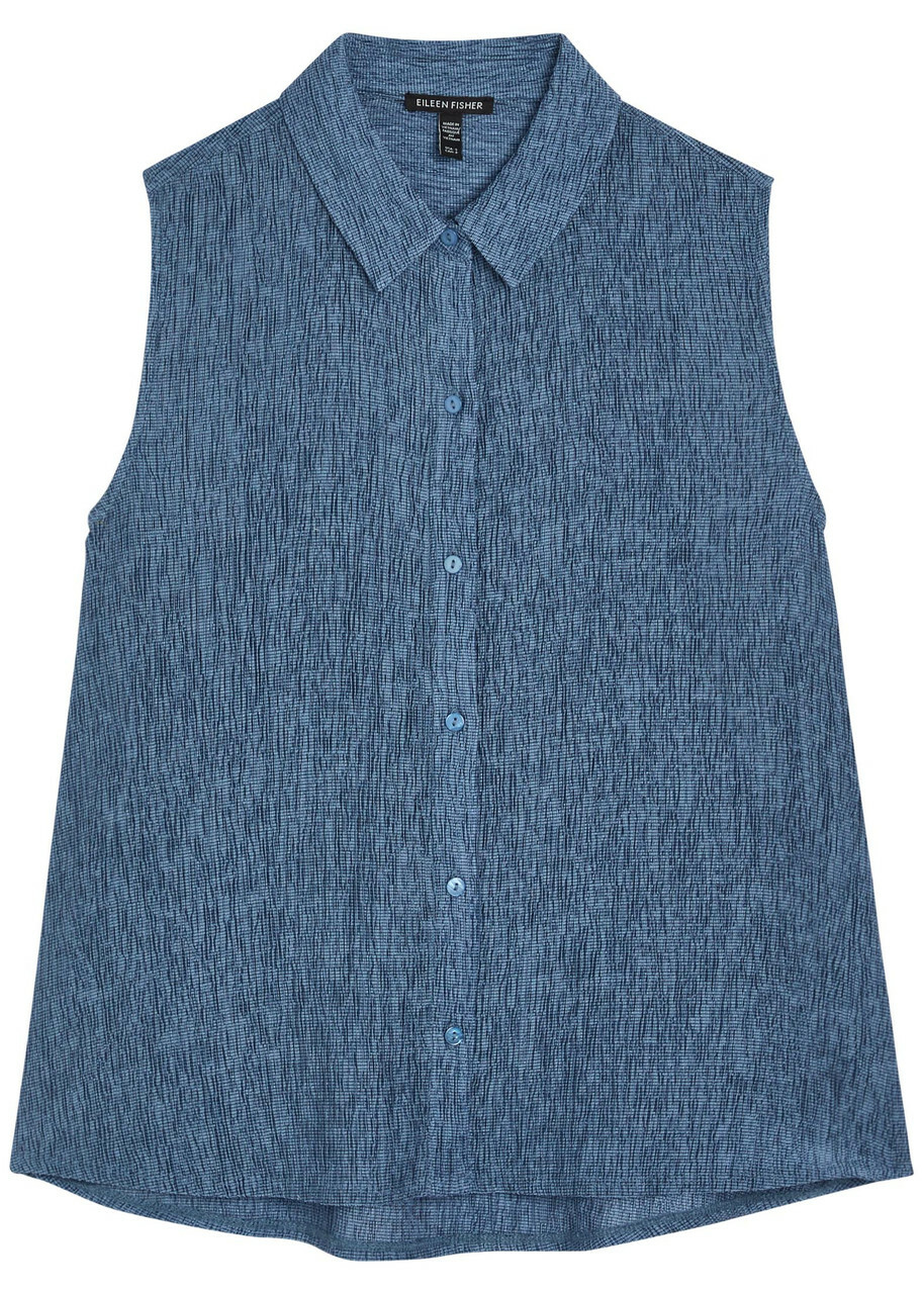 Eileen Fisher Crinkled Sleeveless Woven Shirt Blue