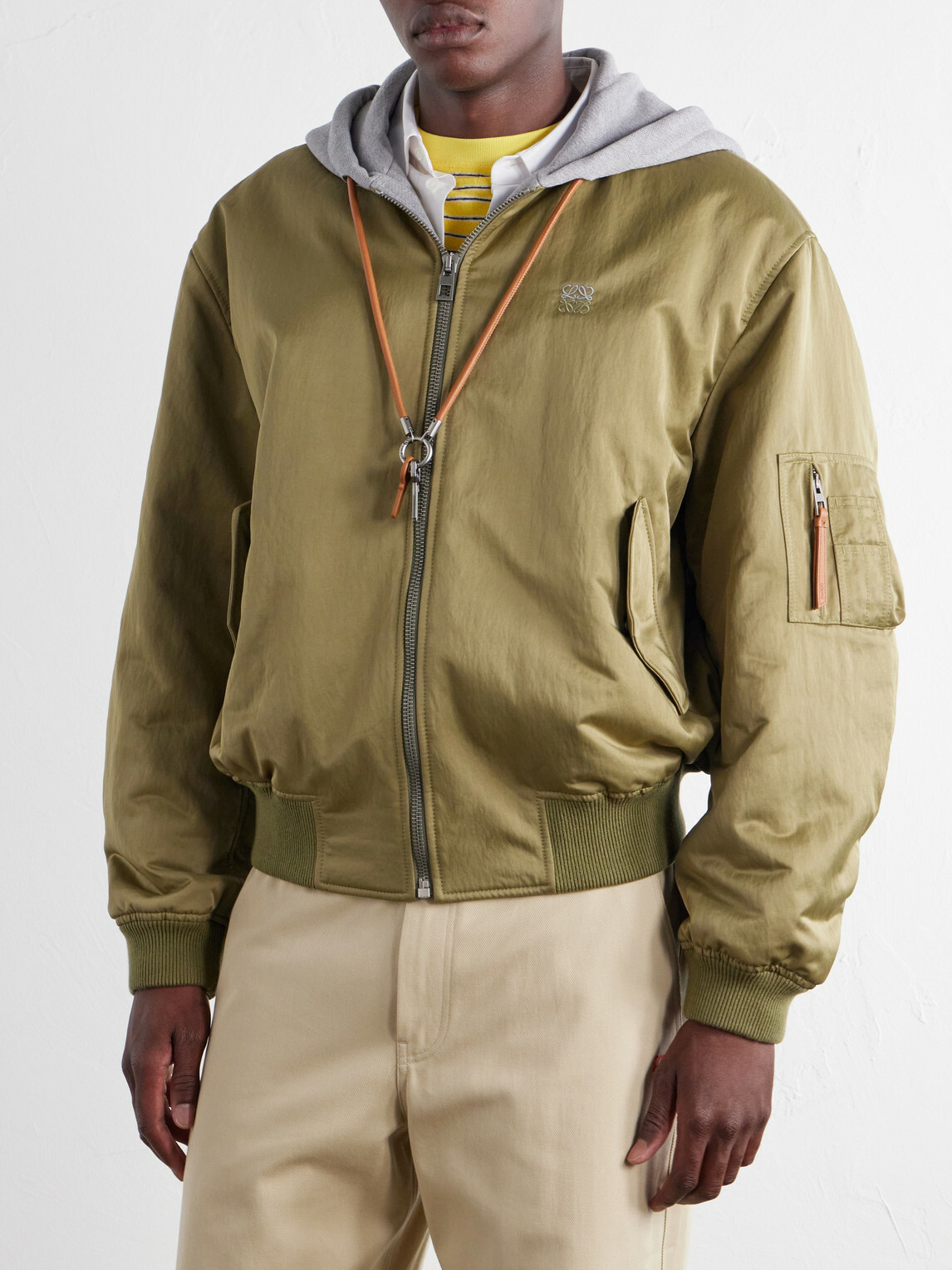 LOEWE - Anagram-Embroidered Leather and Jersey-Trimmed Satin Bomber Jacket - Green