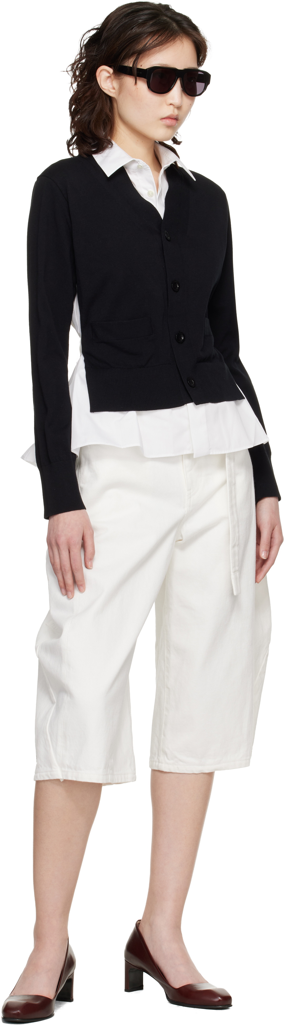 sacai Black & White Poplin Cotton Knit Cardigan Sacai