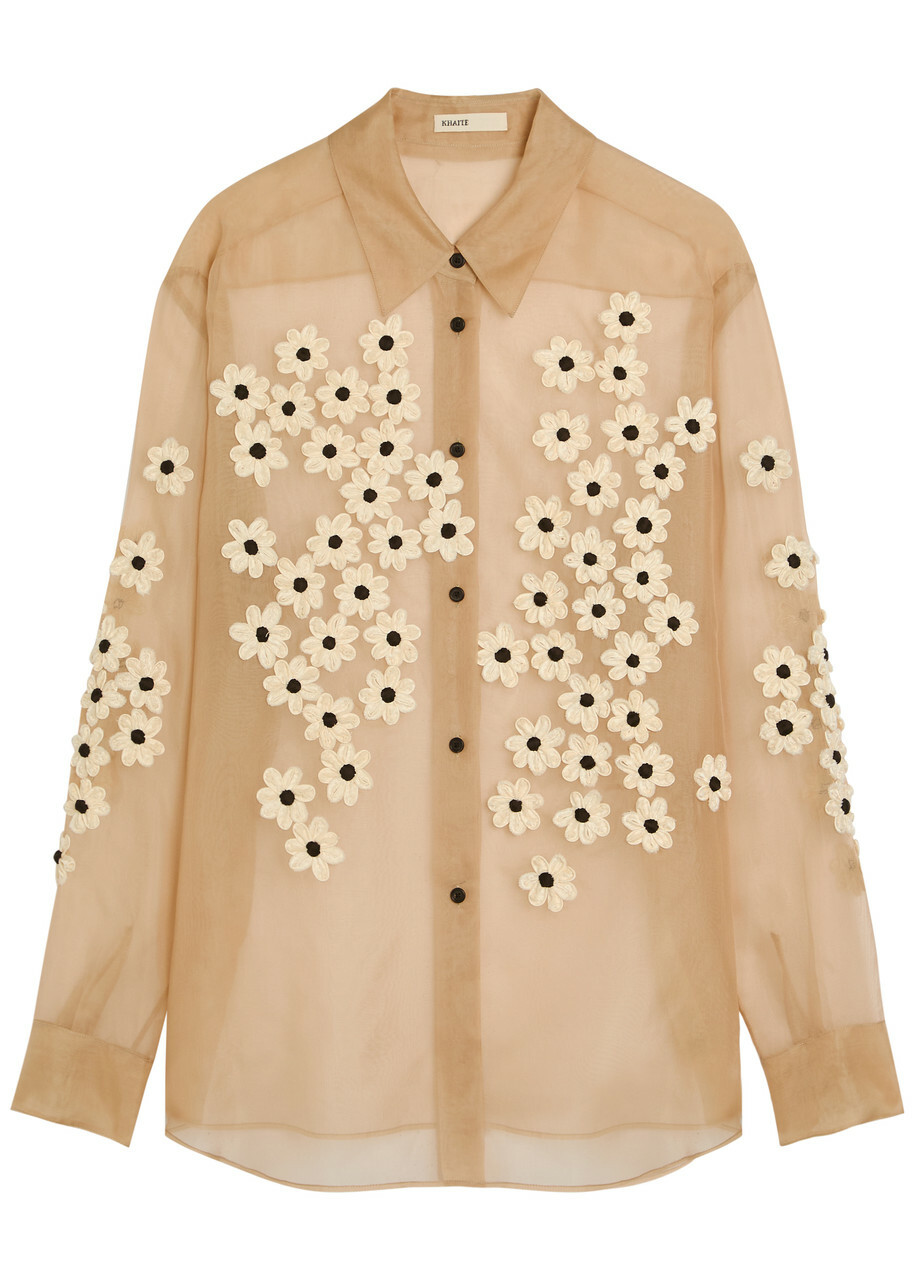 Khaite Argo Floral-appliquéd Silk-chiffon Shirt Beige