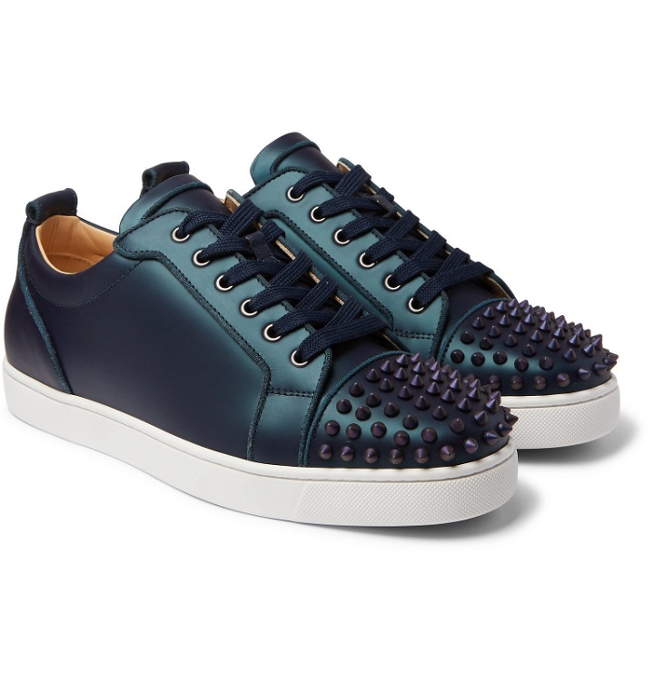 Photo: Christian Louboutin - Louis Junior Spikes Cap-Toe Iridescent Leather Sneakers - Blue